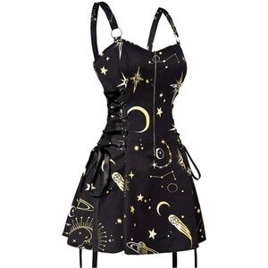 Sun & Moon Size S Black & Yellow Side Corset Tie Zip Up Fall Mini Dress